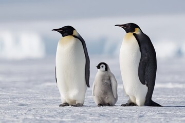 Obraz premium Two adult penguins stand with a chick on icy terrain under a bright, overcast sky