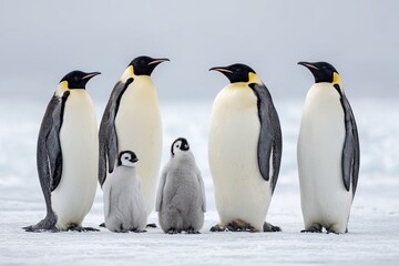 Fototapeta premium A group of emperor penguins with two juveniles standing on an icy surface
