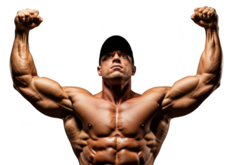 Muscular bodybuilder flexing biceps and chest showing ripped abs and strong physique transparent background
