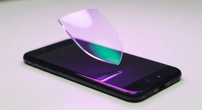Close-up of translucent holographic shield floating above black smartphone on white table lit with violet light