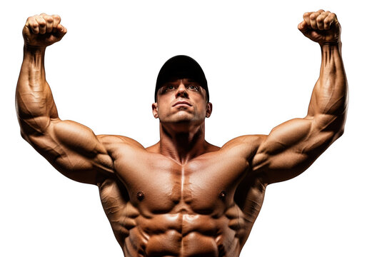 Muscular bodybuilder flexing biceps and chest showing ripped abs and strong physique transparent background