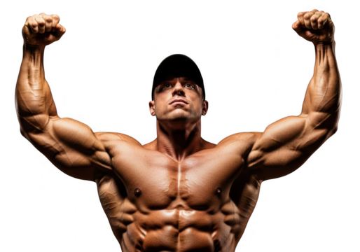 Muscular bodybuilder flexing biceps and chest showing ripped abs and strong physique transparent background - Powered by Adobe