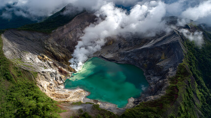 Fototapeta premium Scenic Volcano Crater with Geothermal Thermal Springs and Blue Water in National Park: A Picturesque Drone Photography Adventure