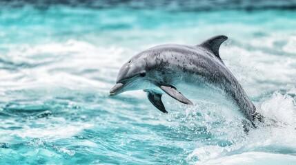 Fototapeta premium cetacean. Dolphin leaping from turquoise ocean waters, dynamic marine life in motion. wildlife magazines, conservation campaigns, designed for nature documentaries and education. 