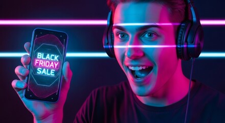 Excited young man wearing headphones holding smartphone with glowing Black Friday sale screen