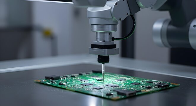 Automated optical inspection robot with machine vision camera checking PCB components and solder joints soft backlight clean factory background