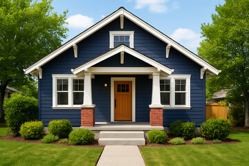 Charming Blue Craftsman Style Bungalow House With Green Lawn And Trees home isolated on a transparent background