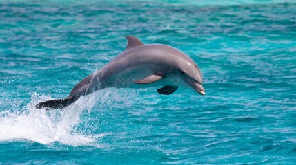 Fototapeta premium cetacean. Dolphin leaping from turquoise ocean waters, dynamic marine life in motion. wildlife magazines, conservation campaigns, designed for nature documentaries and education. 