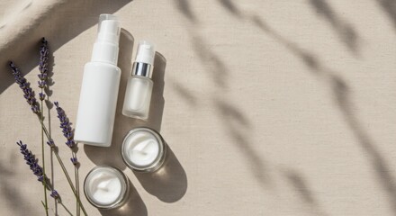 Natural skincare presentation with lavender flowers and soft sunlight