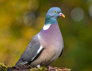 Obraz premium A close-up portrait of a wood pigeon, showcasing its plumage and perched on a branch, with blurred foliage in the background