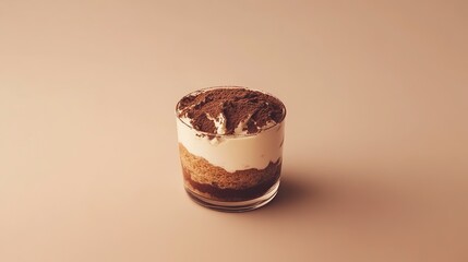 Single-serving tiramisu in a glass cup placed on a warm beige background