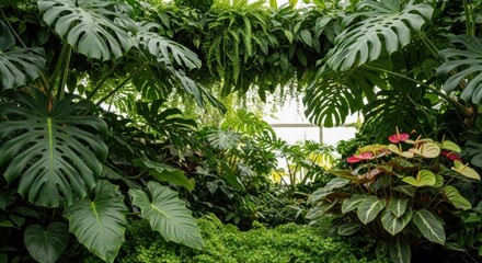 Lush greenery in tropical conservatory filled with monstera and exotic foliage for nature and botanical garden enthusiasts