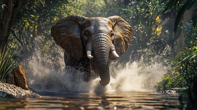 photorealistic picture an elephant charging at the camera, 
