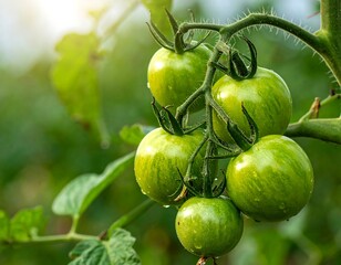 Fototapeta premium A close-up shot of unripe green tomatoes growing on a vine, with sunlight filtering through leaves
