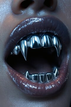 A close-up of a person's mouth, showcasing silver grills. The lips are glossy, providing a striking contrast with the sharp, metallic teeth.