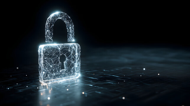 3D Illustration of a Futuristic Glowing Padlock: Digital Lock as a Symbol of Cybersecurity and Data Protection in a Secure Network - Powered by Adobe