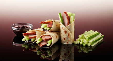 Peking Duck Wraps on a Reflective Surface, Gourmet Asian Cuisine Still Life