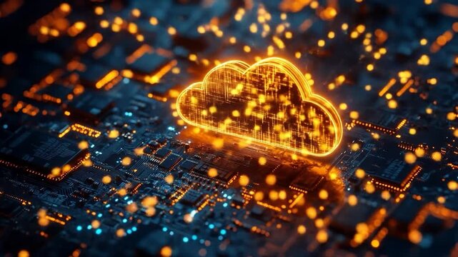 Glowing digital cloud symbol superimposed on a dark, intricate circuit board
