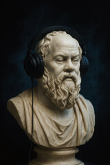 Obraz premium Ancient meets modern: A classic bust rocks contemporary headphones, blending history with current trends. Anachronistic charm and timeless cool.