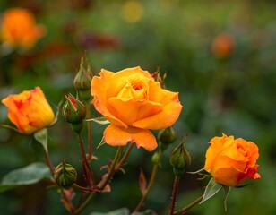 A close-up shot of vibrant orange roses in full bloom, surrounded by several green buds and foliage, with a soft, blurred background