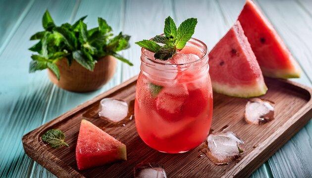 Refreshing Watermelon Mint Beverage With Ice Cubes On Wooden Board
