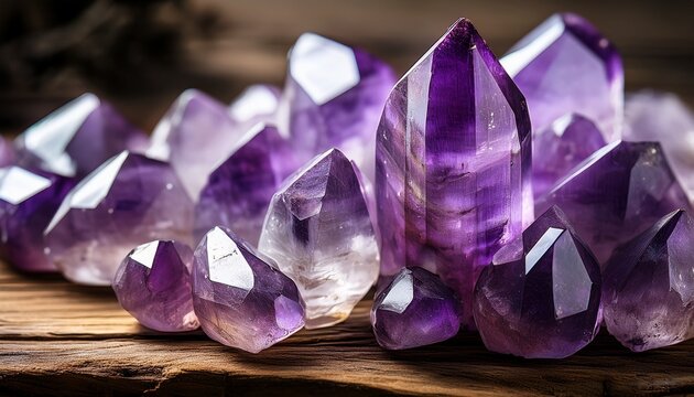 Close Up Of Multifaceted Amethyst Crystals On Rustic Wood