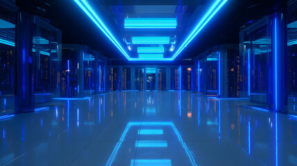 Futuristic Hallway: Neon Lights and Blue Glow in a Sci-Fi Environment with Modern Architecture and Digital Landscape