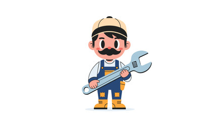 A friendly cartoon plumber wearing overalls and a cap holding a large wrench.
