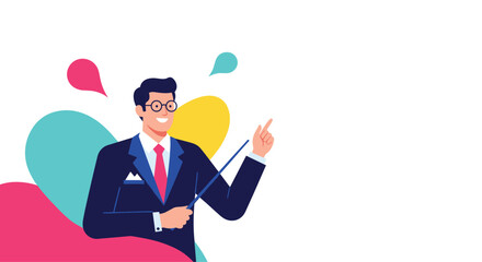 A smiling businessman in a suit points with a stick during a presentation.