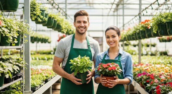Smiling garden center workers holding plants in a greenhouse setting for horticulture and floriculture - Powered by Adobe
