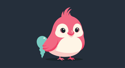 Obraz premium A cute cartoon pink bird with a light blue tail stands facing the viewer.
