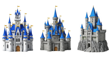 Enchanting fairytale castles with blue roofs and golden flags inspire dreams