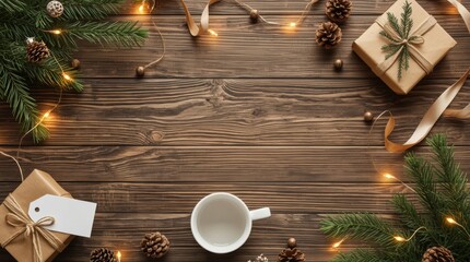 Christmas and New Year background with circles, ribbons, tags, gifts, pine needles and garlands with an empty space in the center for an inscription.