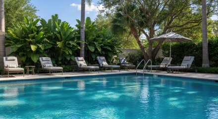 Fototapeta premium Luxurious outdoor pool area with sun loungers and tropical greenery for relaxation and leisure