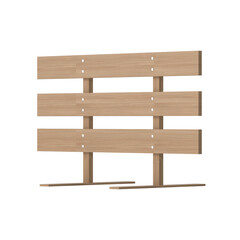 Wooden fence with horizontal planks and vertical supports, isolated on white
