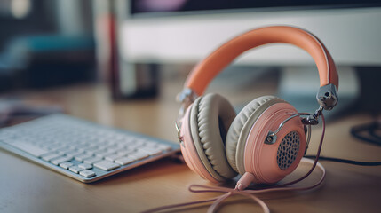 Modern Pink Wireless Headphones on Studio Desk in Creative Workspace for Music Production and Remote Work