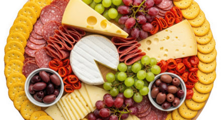 Gourmet charcuterie board with cheese, salami, grapes, olives, and crackers