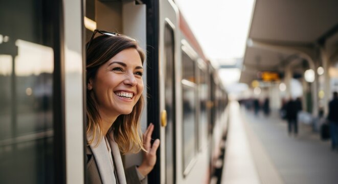 Joyful train journey experience at modern station platform