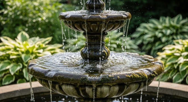 Tranquil garden fountain with flowing water and lush greenery for outdoor decoration - Powered by Adobe