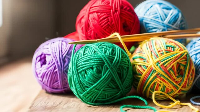 Close-up of colorful yarn balls with wooden knitting needles on a wooden surface, soft lighting