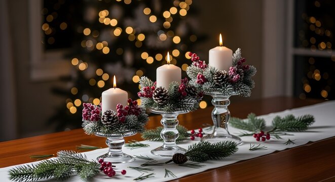 Cozy christmas table setting with lit advent candles and blurry festive tree lights creating a warm holiday atmosphere