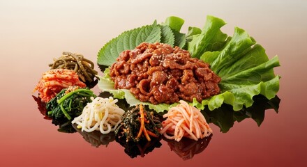 Traditional Korean dish featuring marinated grilled meat served on lettuce with assorted seasoned vegetables, presented beautifully on a reflective surface
