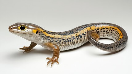 Naklejka premium Blue tailed skink featuring yellow spots and intricate scales with curled tail on flat surface