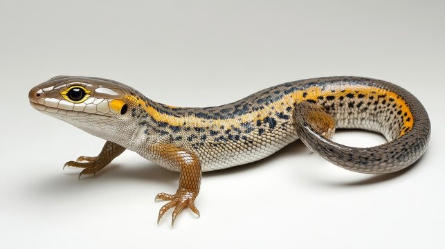 Blue tailed skink featuring yellow spots and intricate scales with curled tail on flat surface