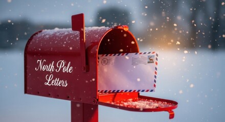 Festive north pole letters in snowy red mailbox at christmas time