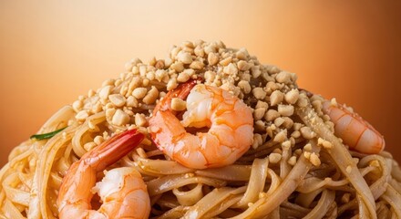 Close-up of a delicious noodle dish topped with shrimp and crushed peanuts, showcasing vibrant colors and appetizing texture, perfect for illustrating Asian cuisine, restaurant menus, or food advertis