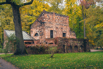 Jesienny krajobraz w romantycznym parku Arkadia w Polsce.
