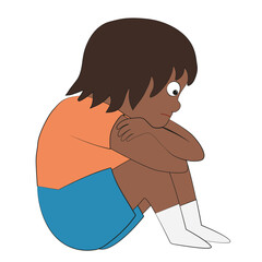 A sad African boy sits alone with his arms crossed and looks down on a white background. Character. Cartoon vector illustration for children's book, print.
