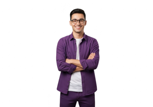 Young man with glasses and crossed arms smiling confidently in casual wear transparent background