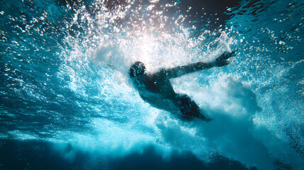 Underwater Swimming Athlete - Dynamic Freestyle Splash in Blue Sea Nature - Training for Fitness, Health & Aquatic Sport Competition